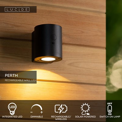 Lucide PERTH - Wall light Indoor/Outdoor- Solar - Ø 9 cm - LED Dim. - 1x1W 2700K/3000K - IP65 - Motion & Day/Night Sensor - Black